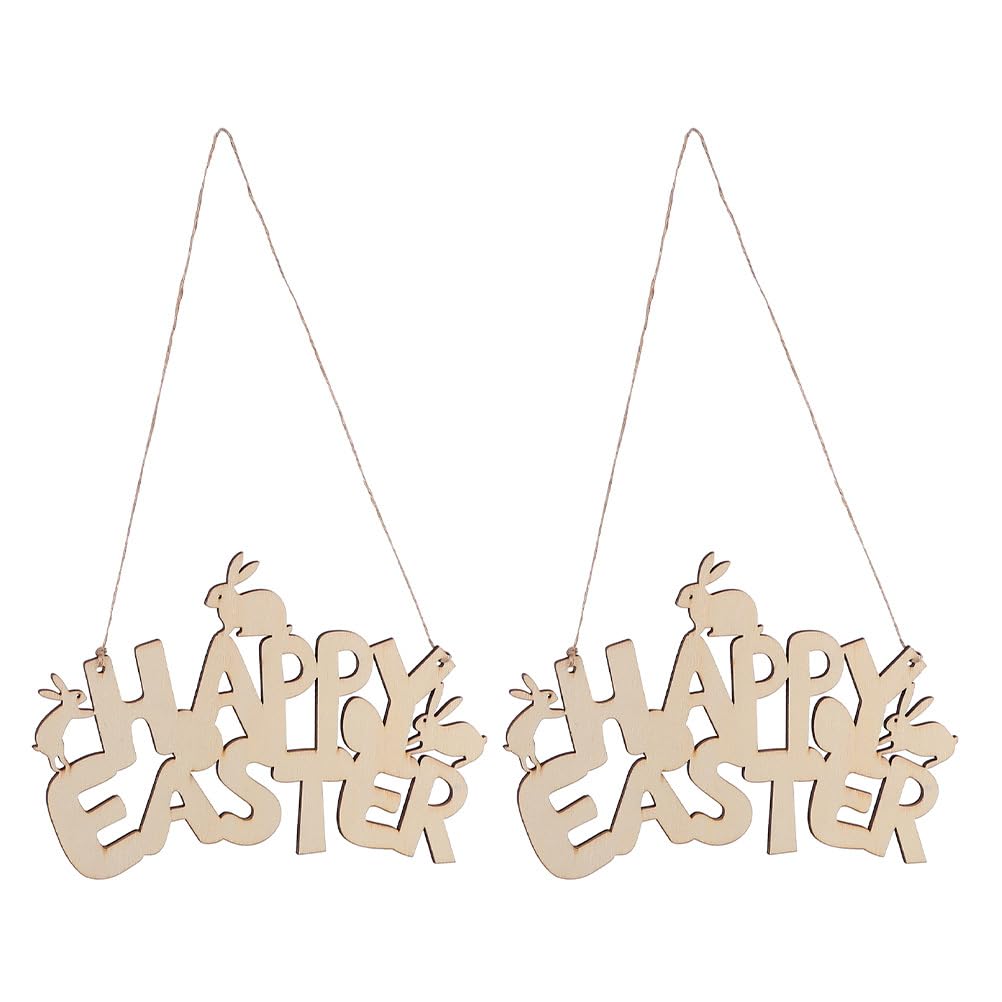 EXCEART 2pcs Happy Easter Wood Sign, Unfinished Easter Wooden Ornaments for Crafts, Easter Bunny Wood Sign, Wooden Plaque Cutouts DIY Craft Project with Ropes for Paint and DIY