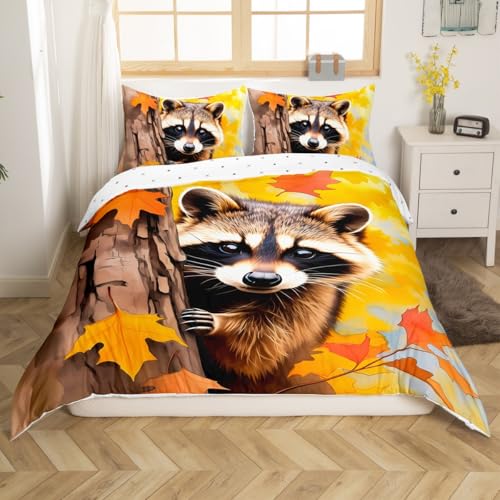 jejeloiu Kids Raccoon Duvet Cover Toddler Size, Cute Raccoon Bedding Set Boys Girls Kawaii Raccoon Comforter Cover Wild Animal Bedspread Cover Kids Room Decor Zipper (No Comforter)