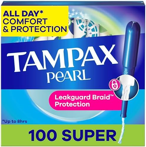Tampax Pearl Tampons Super Absorbency, 100 Count, BPA-Free Plastic Applicator and LeakGuard Braid, Unscented, 50 Count, Pack of 2 (100 Count Total)