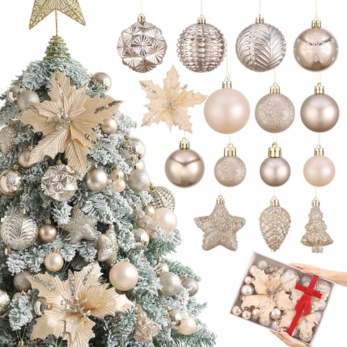 Champagne Gold Christmas Ball Ornaments Set, Glitter Champagne Gold Hanging Bulbs Ornament with Artificial Christmas Flowers for Xmas Tree New Year Holiday Party Decorations (Champagne)