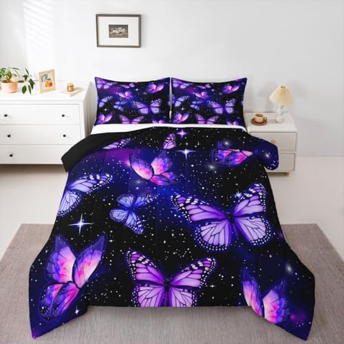 Image of Erosebridal Purple Butterflies King Size Comforter Set for Kids Teens Adults,Starry Sky Galaxy Bedding Sets,Dreamy Butterfly Duvet Insert,Neon Wildlife Quilt Bedroom Decor