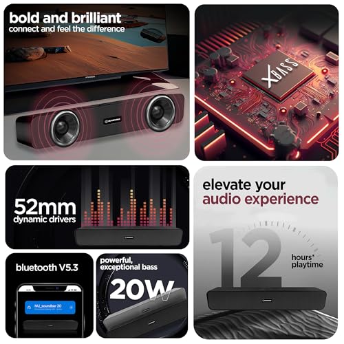 Image of Nu Republic Soundbar 20 Bluetooth Soundbar with X-Bass Technology, 52mm Dynamic Drivers, Upto 12 Hrs Playtime, 20 W Output, Aux /USB Port (5.0 Channel) (Silver)