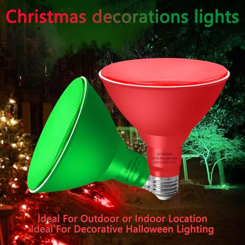 Gonhom PAR38 Flood Lights Outdoor,Dimmable LED Flood Light Bulbs,20W(Equivalent to 200W),E26 Base,Outdoor Porch,Holiday Lighting,LED Flood Light Bulb for Halloween,Christmas,4 Pack Red Green by Gonhom - Image 2