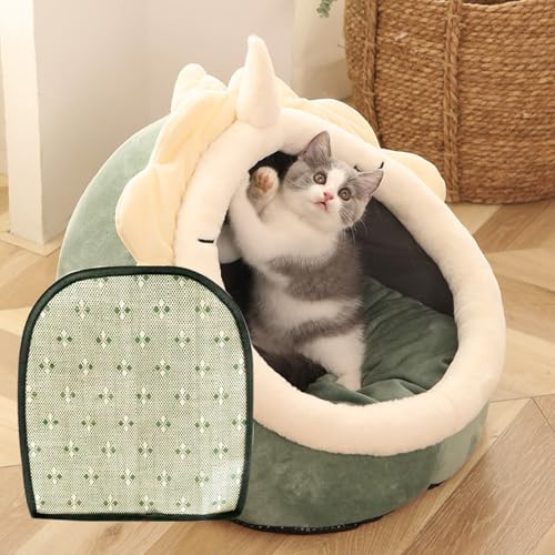 猫 ベッド ドーム型 冬 ダイナソー ひんやりシート付き クッション付き かわいい 吊り玉 ふわふわ おしゃれ 暖かい 洗える 保温防寒 滑り止め 室内用 ペットベッド ペットハウス 寒さ対策 犬 猫 ペット用品 グリーン/シート M7.5KG
