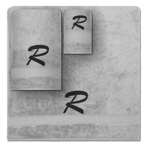 Monogrammed Towel Set, Personalized Gift, Set of 3- Block Letter Embroidered Turkish Towels Set - 1 Bath & 1 Hand Towel, 1 Washcloth, Highly Absorbent, Super Soft 100% Cotton, Initial - R, Light Grey Cover