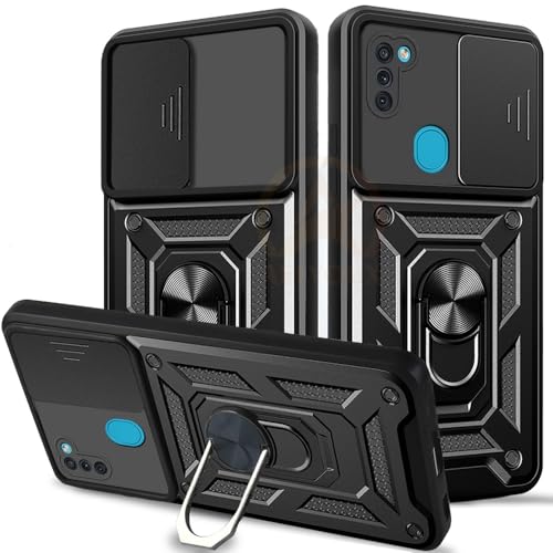 Image of Armor Bumper Back Cover Case for Samsung M11 | Rotating Camera Cover, Ring Holder & Kickstand | Heavy Duty & 360 Degree Protection Samsung M11 Back Cover (Black)