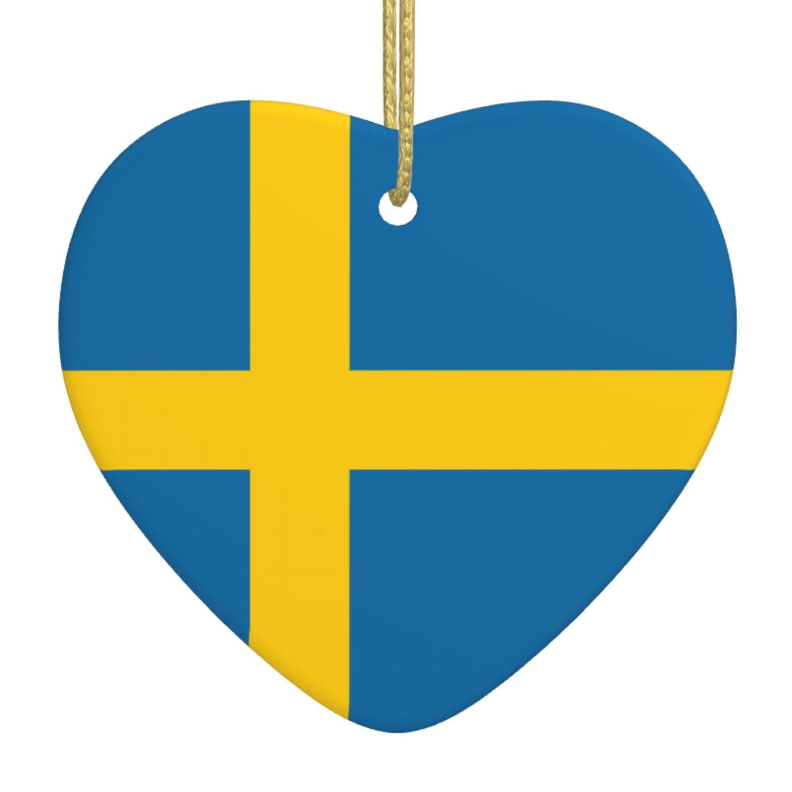 Swedish Flag Ceramic Christmas Heart Pendant with Silk Thread, Christmas Tree Home Decoration