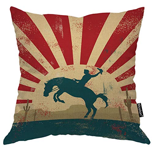 Moslion Throw Pillow Cover Vintage Wild West Cowboy Riding Horse Retro Texas Sunset Silhouette Art Animal Square Pillow Case Cushion Cover for Home Car Decorative Cotton Linen 20x20 Inch