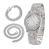 richhut Reloj con Diamantes para Hombre Iced out Esfera Redondo 39MM Correa 22,5cm Bañado en Oro Blanco Platino, con 20+45cm Cadenas Cubanas, Regalo para Novio Esposo
