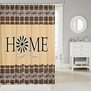Primitive Country Farmhouse Shower Curtain Windmill Bath Curtain Tan Khaki Black Plaid Waterproof Shower Curtains Western Vintage Shower Stall Curtain Rustic Farmhouse Bedroom Decor72 W X 72 L
