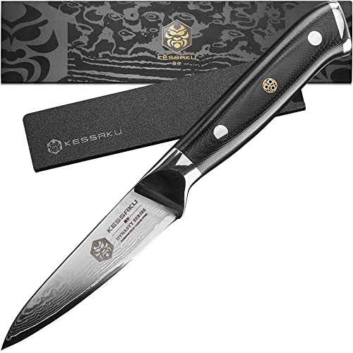 KESSAKU Paring Knife - 3.5 inch - Damascus Dynasty Series - Razor Sharp Kitchen Knife - Forged 67-Layer Japanese AUS-10V High Carbon Stainless Steel - G10 Garolite Handle with Blade Guard
