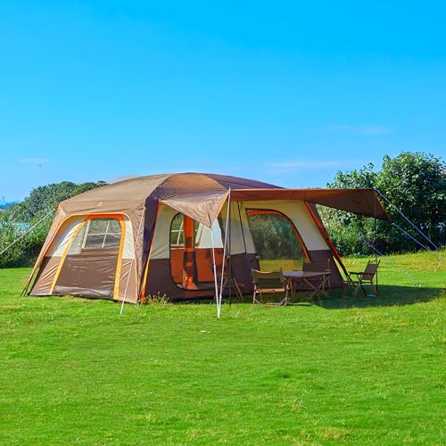 KTT Extra Large Tent 12-14 Person,Family Cabin Tents,2 Rooms,Straight Wall,2 Doors 4 Windows with Mesh,Waterproof,Straight Wall,Big Tent for Outdoor,Picnic,Camping,Gathering(Brown) - Image 6