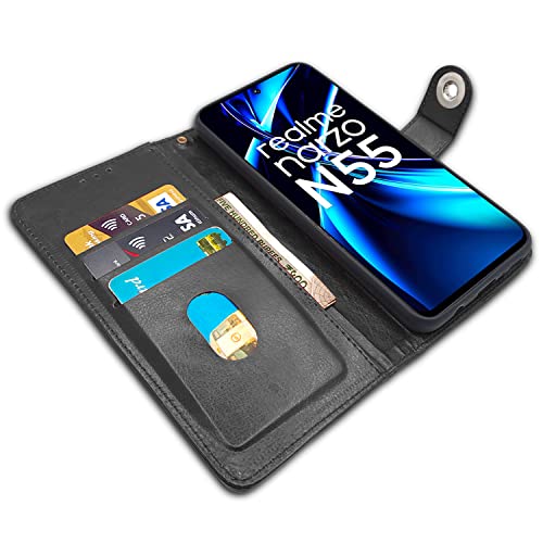 Image of Pikkme Realme Narzo N55 / Realme C55 Flip Cover Leather Finish | Inside TPU with Card Pockets | Wallet Stand and Shock Proof | Complete Protection Button Flip Case (Black)