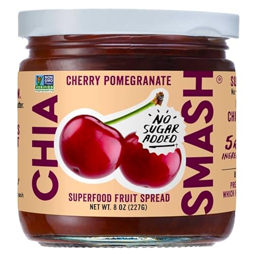 Chia Smash - Cherry Pomegranate Jam | No Sugar Added, Bold Cherry Pomegranate Jelly | Keto Friendly, Low Calorie, Low Carb | Non Gmo, Upcycled, Vegan, Plant Based, Paleo, Diabetic Friendly | Jar, 8Oz #TOP22