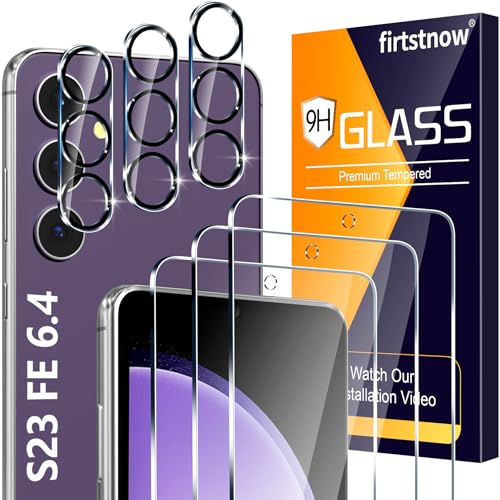 Image of firtstnow 3 Pack for Samsung Galaxy S23 FE Screen Protector Tempered Glass + 3 Pack Camera Lens Protector, Military Grade Shatterproof, 9H Hardness, Fingerprint Unlock, Case Friendly 6.4 Inch