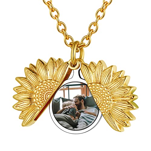 PROSTEEL Women Personalized Heart Locket Necklace, Custom Photo Name Pendant, Inspirational Gifts, Silver Color/Gold Plated-Send Gift Box 2-Sunflower-