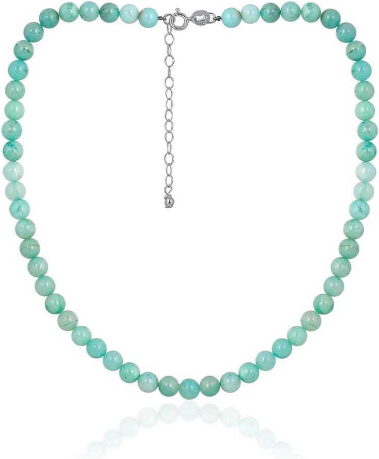 SEA OF ICE Precious Gemstone 6mm Round Beads Necklace 14" Plus 2" Extender with Sterling Silver Spring Ring Clasp