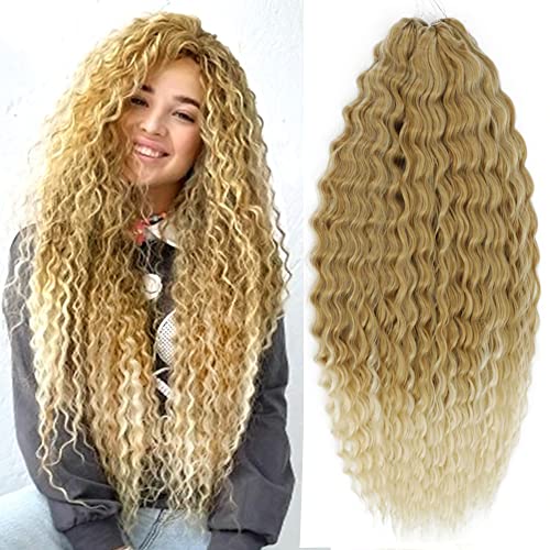 PORSMEER 3 Packs 22inch Long Deep Wave Curly Blonde to Light Blonde Crochet Hair Water Wave Twist Braiding Hair Extension Synthetic Ocean Wavy Hair Bundles for women