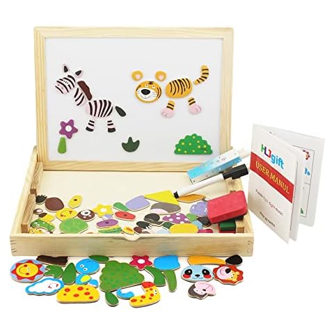 HLJgift Wooden Jigsaw Puzzle Baby Toys Animal Easel Doodle Drawing Board for Children in Education Expand Imagination Cover