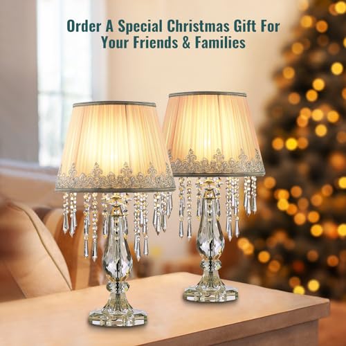 Siljoy Elegant Bedside Crystal Table Lamp Set Of 2 Dimmable Nightstand Lamp With White Ruched Fabric Lampshade Modern Raindrop K9 Crystal Desk Lamp For Bedroom Living Room 22.8'' Tall thumb #2