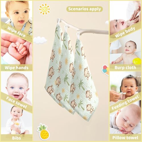 Image of vvfelixl Baby Muslin Washcloths Cute Monkey Coconut Trees Baby Burp Cloths Cotton Babys Face Towel for Newborn Infants Boys Girls Soft and Absorbent 11.8 X 11.8 in, 3 Pack