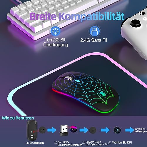 SZO Funkmaus Wiederaufladbare Maus Ergonomische 7-Farben RGB Mit USB Und Typ-C KonverterEinstellbare Genauigkeit (800/1200/1800)