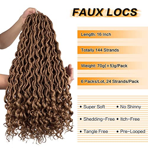 PEACOCO Faux Locs Crochet Hair, 6Pcs/Lot Goddess Locs Hair With Curly Ends 16 Inch Deep Wave Braiding Hair Synthetic Braiding Hair Extension (27#)