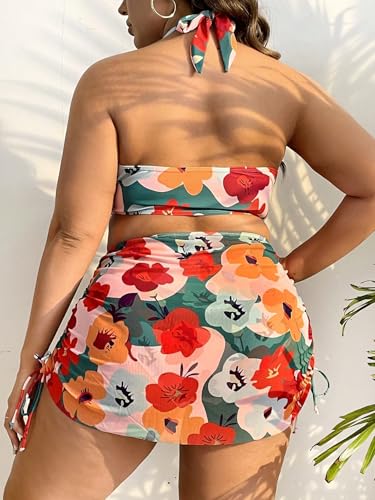 Plus Size Swimwear for Women Floral Halter Bikini Set with High Waist Bottom & Skirted Cover Up Tummy Control Swimsuit2