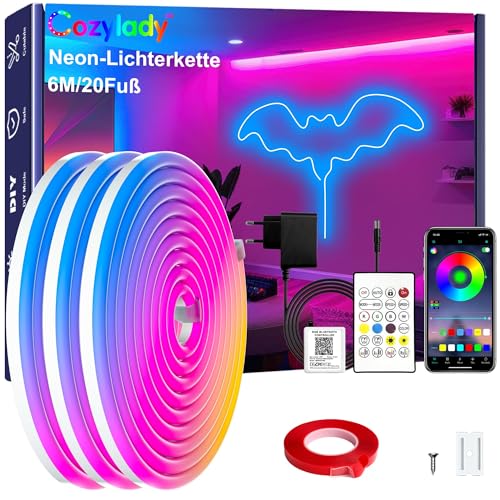 Cozylady 6M(1 Rollen 6M) RGB Neon LED Strip, Flexible Streifen Mit starkem Doppelklebeband ausstatten,24V LED Leuchtseile mit App/Fernbedienung anwendbar auf Schlafzimmer,Raum & Außendekoration