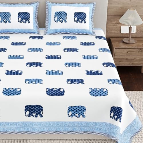 Image of Living Roots Ethnic Jaipur Block Print Double Cotton Bedsheet & 2 Pillow Covers, for Mattress Upto 6 inches Thick, No Colour Bleeding, Blue Colour, King Size 90 * 108 inches, 120TC (615-A)