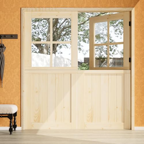72'(Double 36') x 80' Dutch Door Slab，1.75-inch Solid Pine Wood Front Entry Interior Design，4 Lite Tempered Clear Glass Split Single Door，Exterior Use for Proch, Backyard Entries & Back​