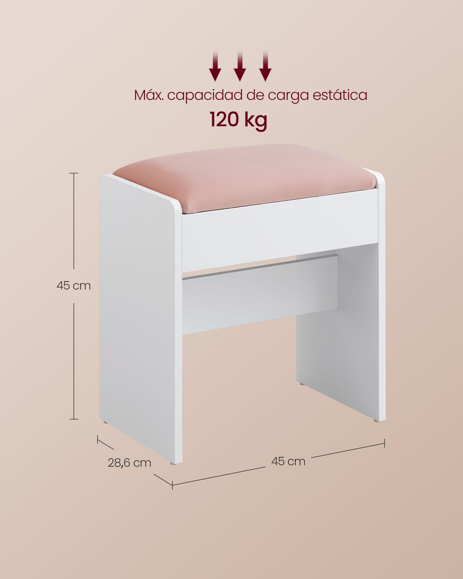 VASAGLE Taburete de Tocador Tapizado de Terciopelo Reposapiés Antideslizante Blanco Mate y Rosa Jalea RDS001W01