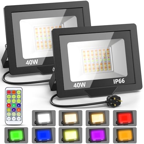 RGBW LED Flood Lights Outdoor 40W, 2 Pack Colour Changing Flood Lights Dimmable with Remote Control and Cycle Timer, IP66 Waterproof Design, Perfect for Gardens, Landscapes and Stages. UK 3-Pin Plug