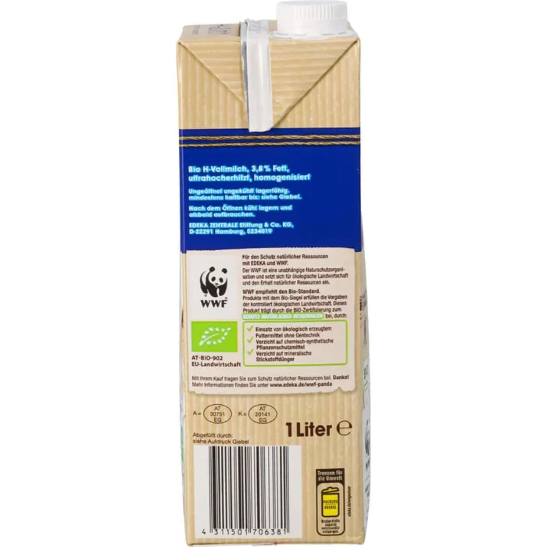 Milch H-Vollmilch 3,8% Fett, Haltbare Milch,je 1 Liter, 24 Stück mit pufai Grocery