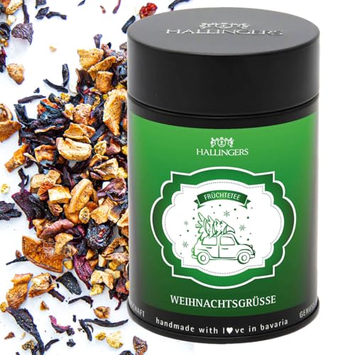 Hallingers Genuss Manufaktur Tee Geschenk Weihnachten - Weihnachtlicher loser Früchte-Tee mit Vanille Orange & Hagebutte Geschenk zu Advent & Weihnachten, edle Geschenkdose Weihnachtsgrüße