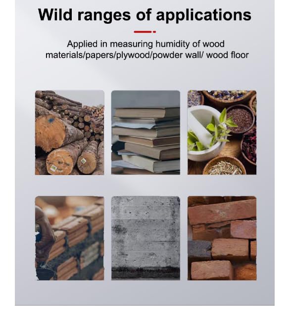 Images showing various materials like wood logs, books, herbs, plywood, concrete, and bricks, representing diverse applications for the moisture meter