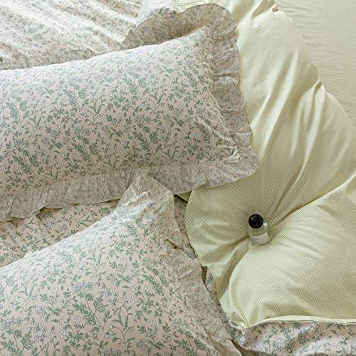 Aojim Ruffle Duvet Cover 100% Cotton Twin Size (68X86 Inch), Farmhouse Chic Comforter Cover Set With Refreshing Green Floral, Soft Breathable Vintage Style Quilt Cover 3 Pieces (No Comforter) #TOP6