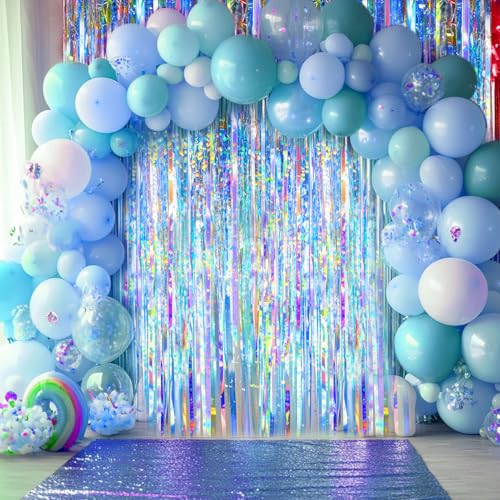 Image of 2 Packs Iridescent Foil Fringe Curtain, Neon Transparent Holographic Tinsel Backdrop for Birthday, Wedding, Baby Shower, Mermaid, Euphoria, Iridescent Party Decorations Supplies