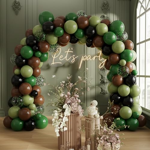 Image of Green and Brown Balloons, 50PCS 12 Inch Camouflage Green Black Brown Ballons, Dark Emerald Green Confetti Balloon for Camping Game Jungle Theme Camo Birthday Army Party Decorations