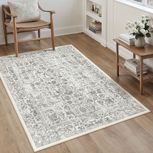 Black Area Rug 4x5 Office Entryway Rug Machine Washable Kitchen Vintage Distressed Non Slip Carpet Indoor Retro Floral Accent Throw Door Mat for Bathroom Bedroom Dining Living Room