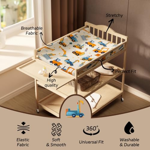 4 Pack Baby Boy Changing Pad Covers Sheets Set Soft Fitted Baby Boy Mattress Covers Construction Truck or Dinosaur Theme Breathable Toddler Sheets for Infant (Construction Truck, Changing Pad Covers)