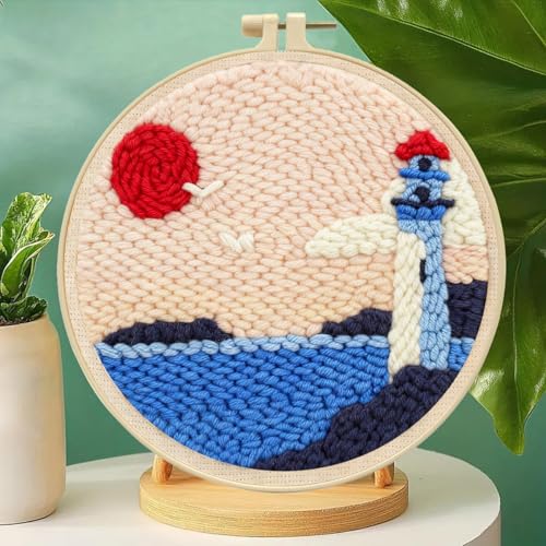 Image of Zhenqing Lighthouse Punch Needle Kit - 29x29cm Embroidery with 20cm Hoop, Coarse Cotton Thread & Tools for Beginners(Z95115C)