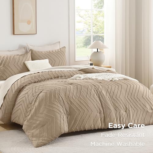 Image of Andency Taupe Comforter Set Full Size, Boho Soft Warm Tufted Bedding Comforter Sets for Full Size Bed, 3 Pieces Aesthetic Chevron Farmhouse Cute Bohemian Textured Bed Set