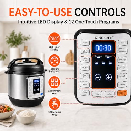 Image of KINGBULL 8QT Electric Pressure Cooker, 12-in-1 Stainless Steel Multi Cooker with Nonstick Inner Pot, Slow Cooker, Rice Cooker, Steamer, Saute, Yogurt Maker, Warmer, Delay Start