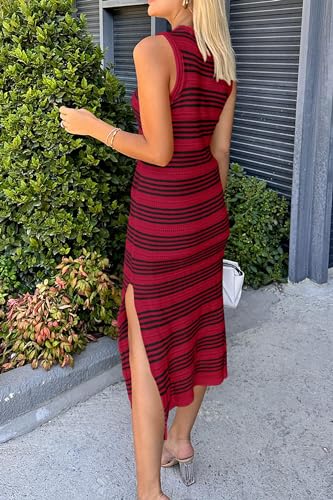 Image of PRETTYGARDEN Summer Dresses for Women 2026 Casual Sleeveless Hollow Out Knit Side Slit Striped Beach Vacation Midi Dress