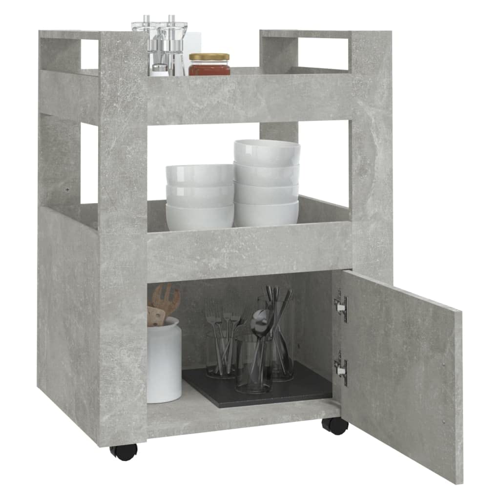 Carro de cocina gris hormigón de madera 60 x 45 x 80 cm, carrito con ruedas con 2 estantes y compartimento, carro auxiliar para cocina, espacio de almacenamiento y almacenamiento en la vida