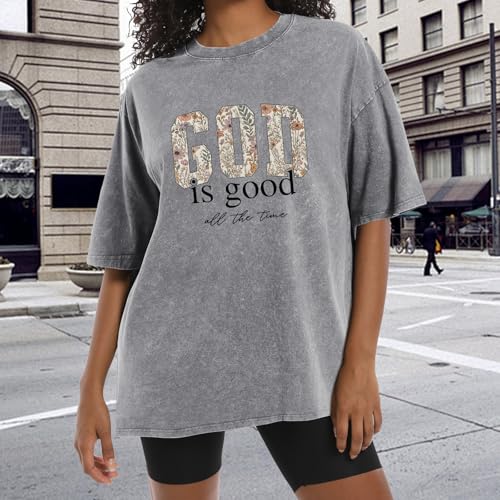 Image of Christian God is Good Shirts for Women Jesus Faith Religious T Shirts Floral Graphic Oversized Acid Washed Tee Tops