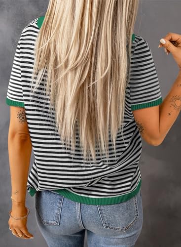 Image of Womens Short Sleeve Striped Color Block Crew Neck Sweater Shirt Lightweight Cotton Casual Summer Pullover Tops