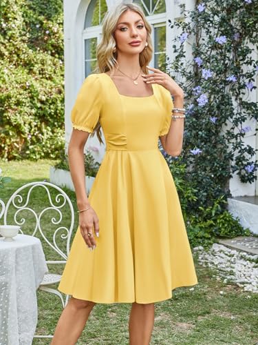 Image of Belle Poque Women's Vintage Midi Cottagecore Cocktail Dresses | Belle Poque Women's Vintage Cottage Core Dress,A-line,Midi,Square Neck,Homecoming Dress,Cocktail Dress,Sun Dress