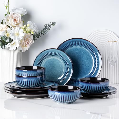 Ceramic Dinnerware Sets,Handcraft Embossed Stoneware Plates and Bowls Sets,Highly Chip and Crack Resistant | Dishwasher & Microwave & Oven Safe Dishes set,Service for 4 (12pc)-Blue